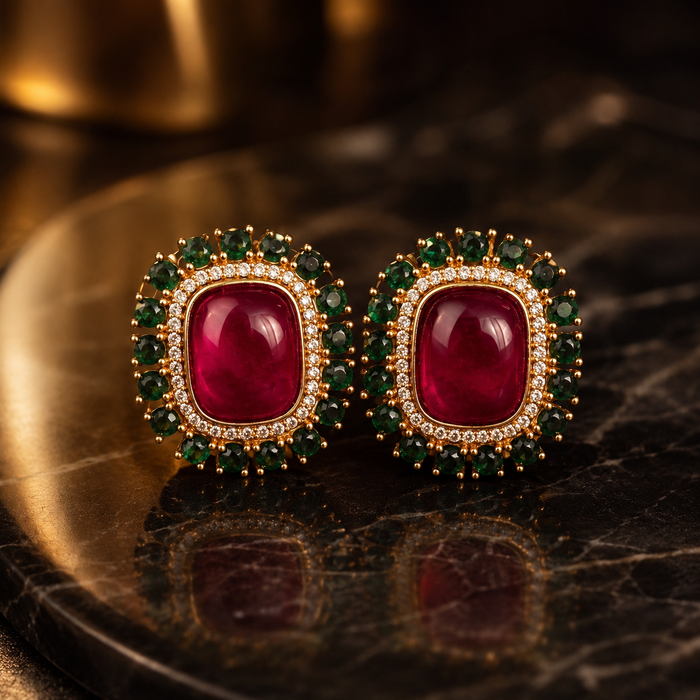 Ruby Red and Emerald Green Halo Brass Stud Earrings