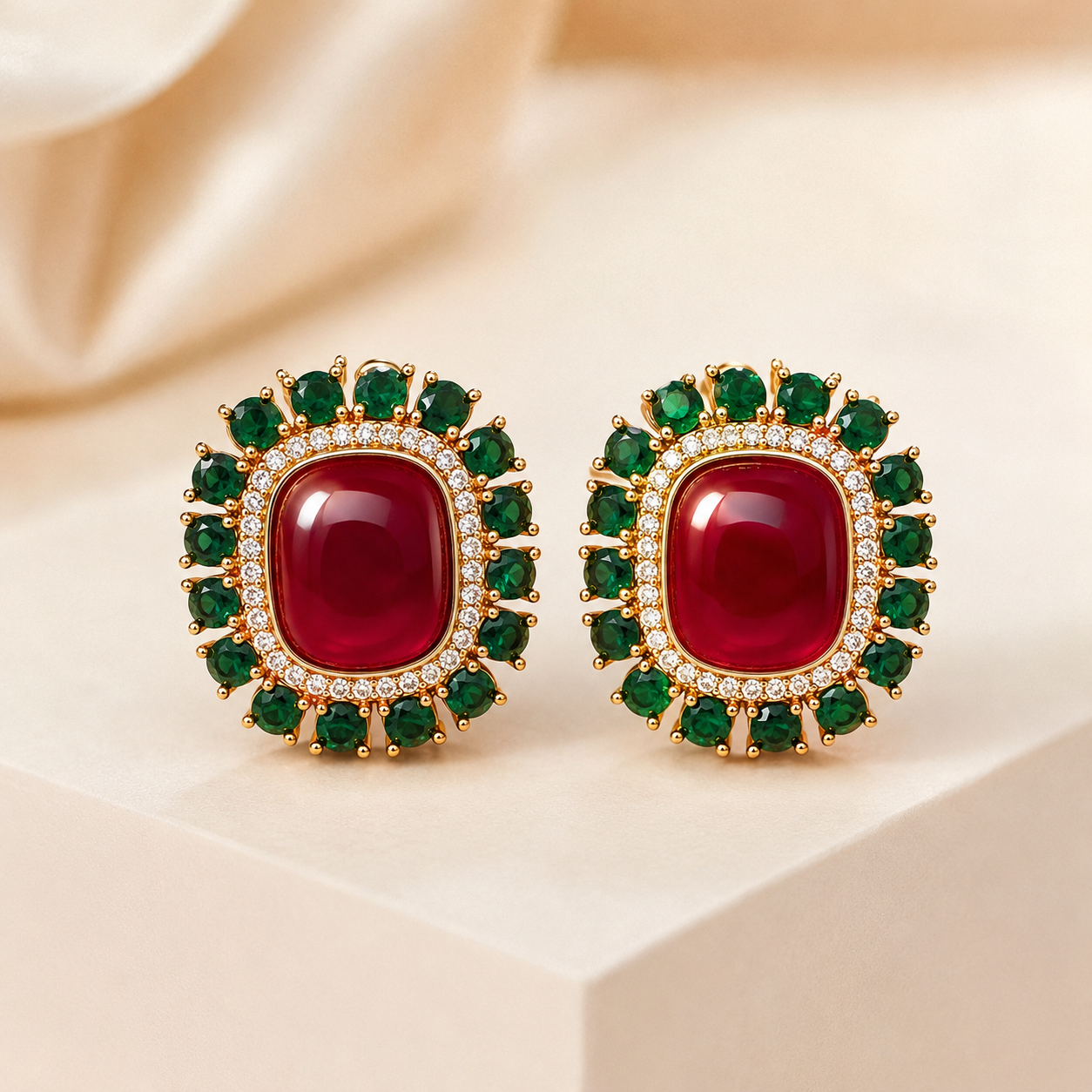 Ruby Red and Emerald Green Halo Brass Stud Earrings