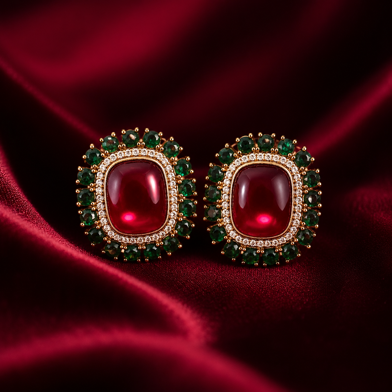 Ruby Red and Emerald Green Halo Brass Stud Earrings