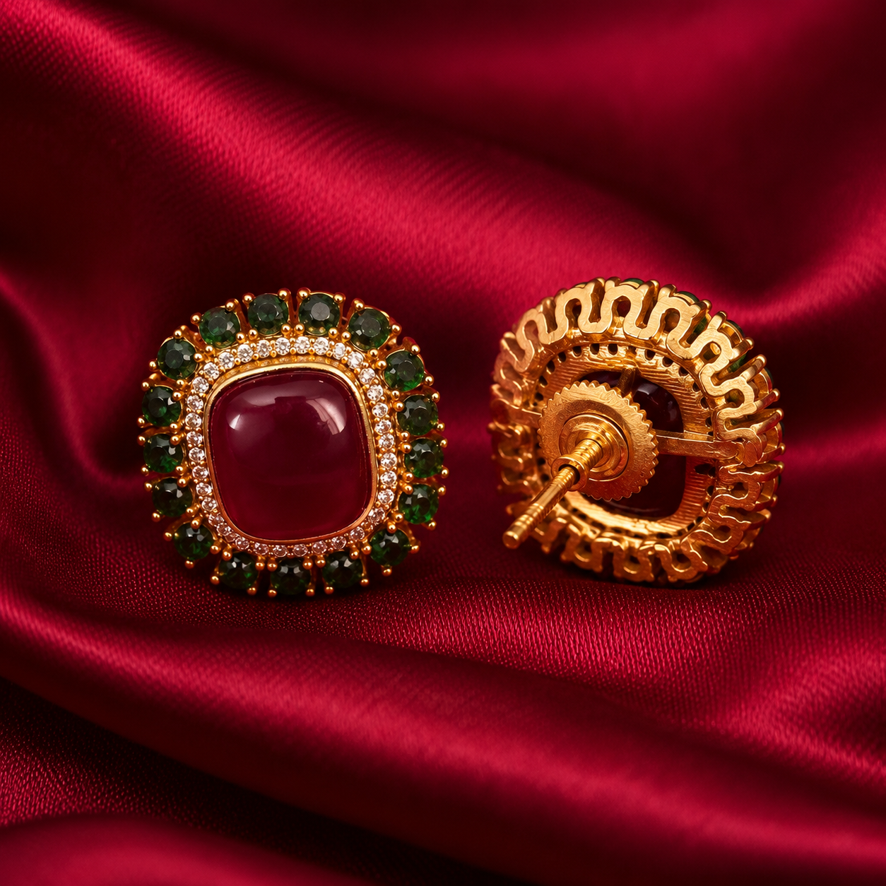 Ruby Red and Emerald Green Halo Brass Stud Earrings