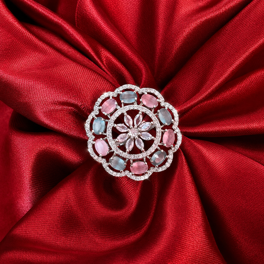 Pink Blue American Diamond Floral Cocktail Ring