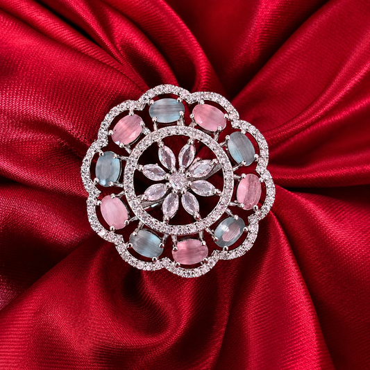 Pink Blue American Diamond Floral Cocktail Ring