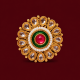 Pink Green Meenakari Pearl Brass Statement Ring