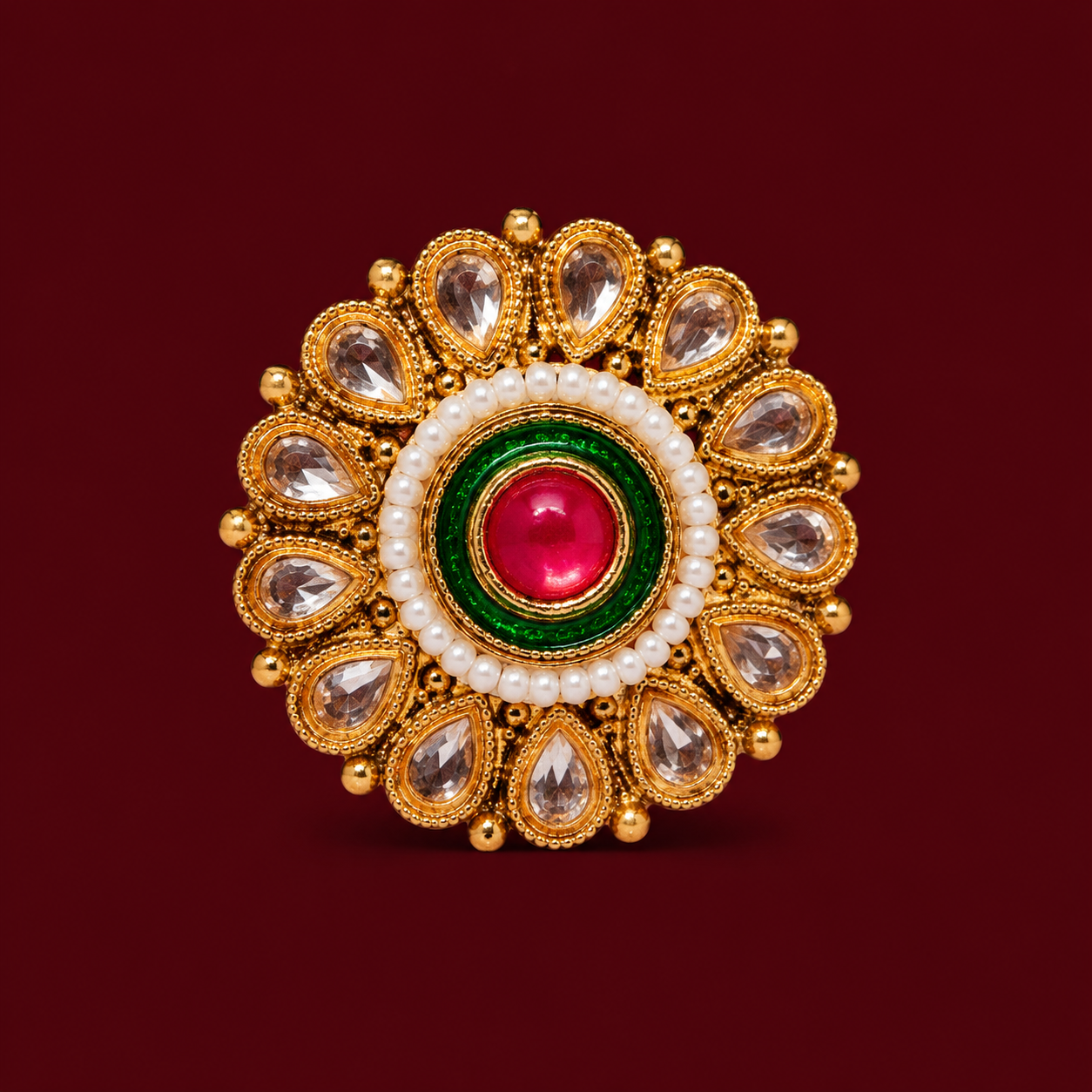Pink Green Meenakari Pearl Brass Statement Ring