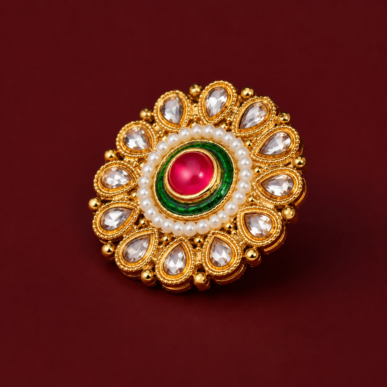 Pink Green Meenakari Pearl Brass Statement Ring