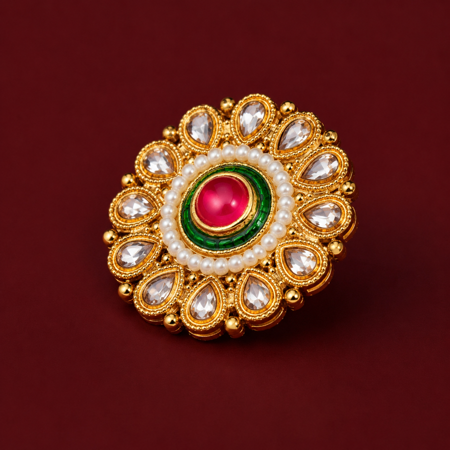 Pink Green Meenakari Pearl Brass Statement Ring