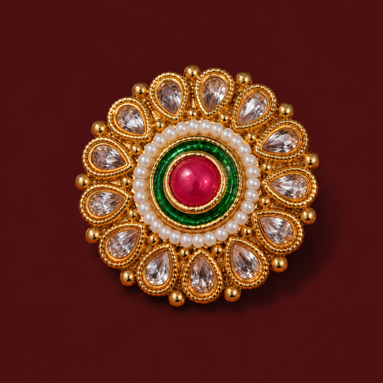 Pink Green Meenakari Pearl Brass Statement Ring