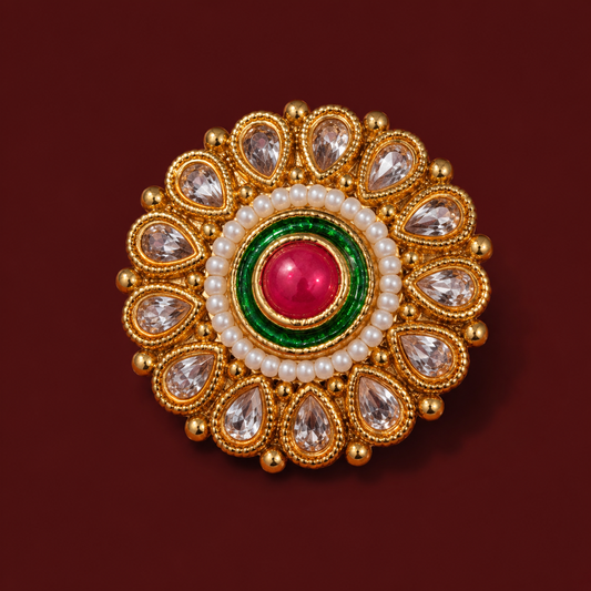 Pink Green Meenakari Pearl Brass Statement Ring