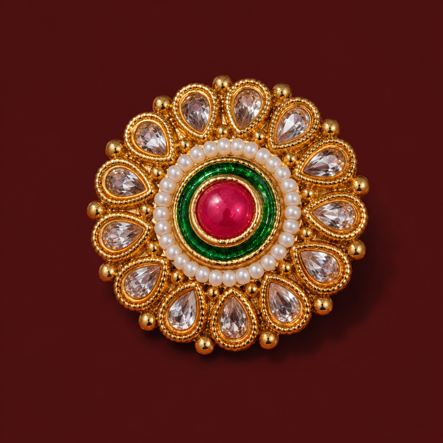 Pink Green Meenakari Pearl Brass Statement Ring