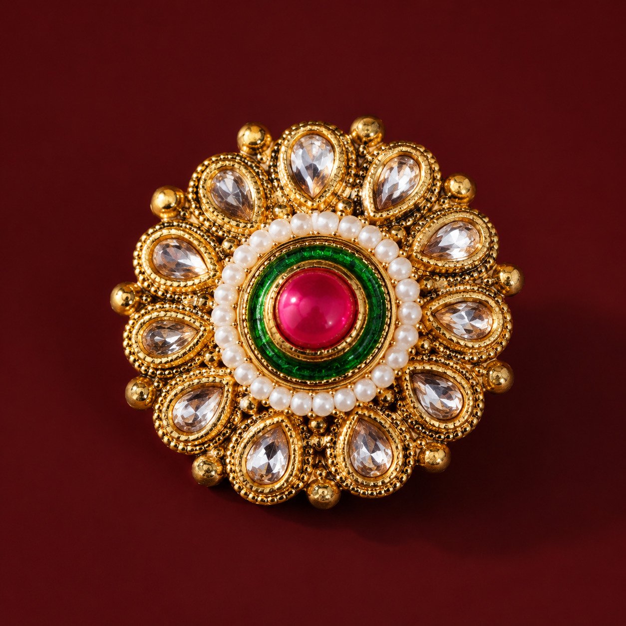 Pink Green Meenakari Pearl Brass Statement Ring