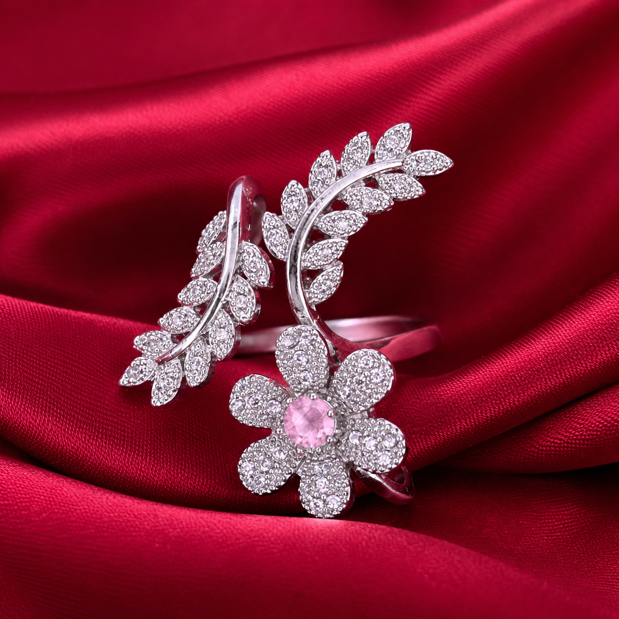 Pink Stone Floral Leaf American Diamond Adjustable Ring