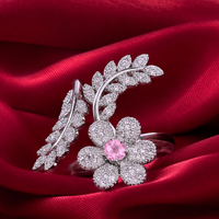 Pink Stone Floral Leaf American Diamond Adjustable Ring