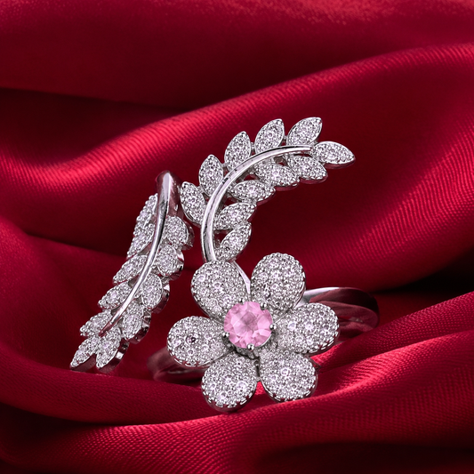 Pink Stone Floral Leaf American Diamond Adjustable Ring