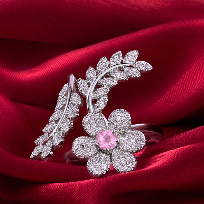Pink Stone Floral Leaf American Diamond Adjustable Ring