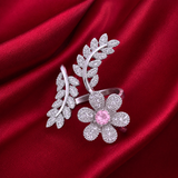 Pink Stone Floral Leaf American Diamond Adjustable Ring