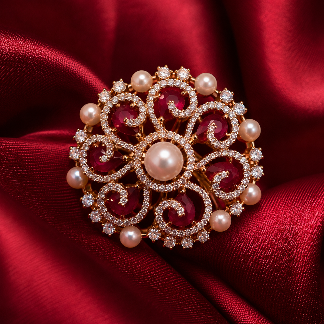 Pink Stone Pearl American Diamond Statement Ring