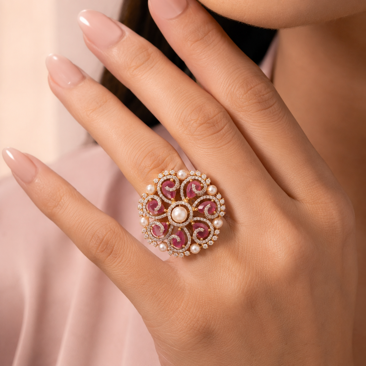 Pink Stone Pearl American Diamond Statement Ring