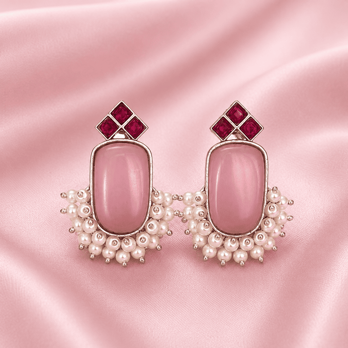 Pink Rectangular Stone Pearl Cluster Brass Stud Earrings