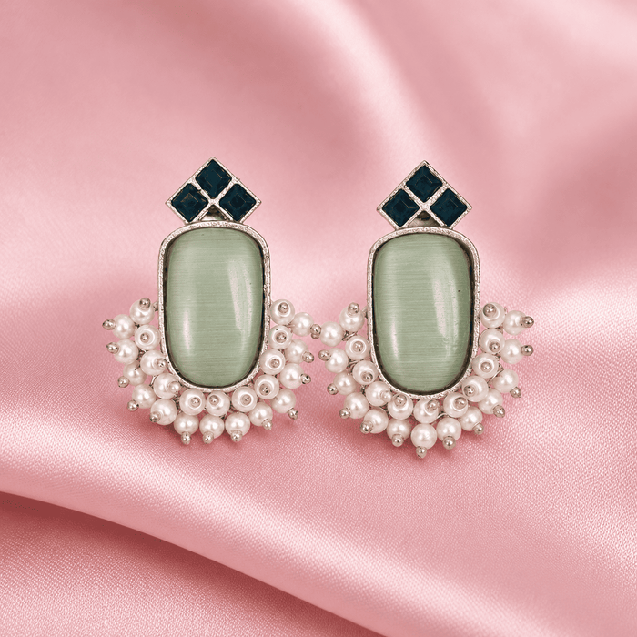 Sage Green Rectangular Stone Pearl Cluster Brass Stud Earrings