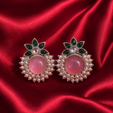 Pink round stud earrings, pearl fringe with green floral teardrop detailing