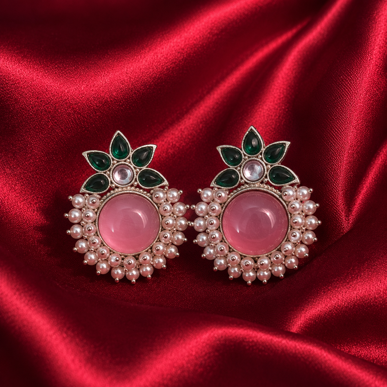Pink round stud earrings, pearl fringe with green floral teardrop detailing