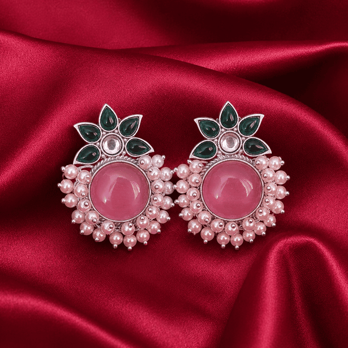 Pink Floral Pearl Cluster Brass Stud Earrings