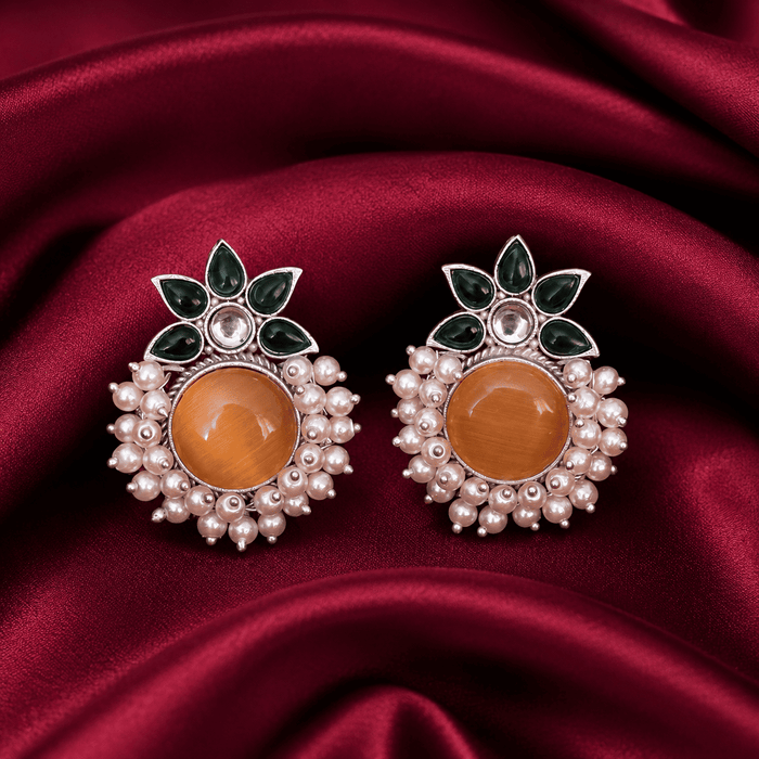 Amber Floral Pearl Cluster Brass Stud Earrings