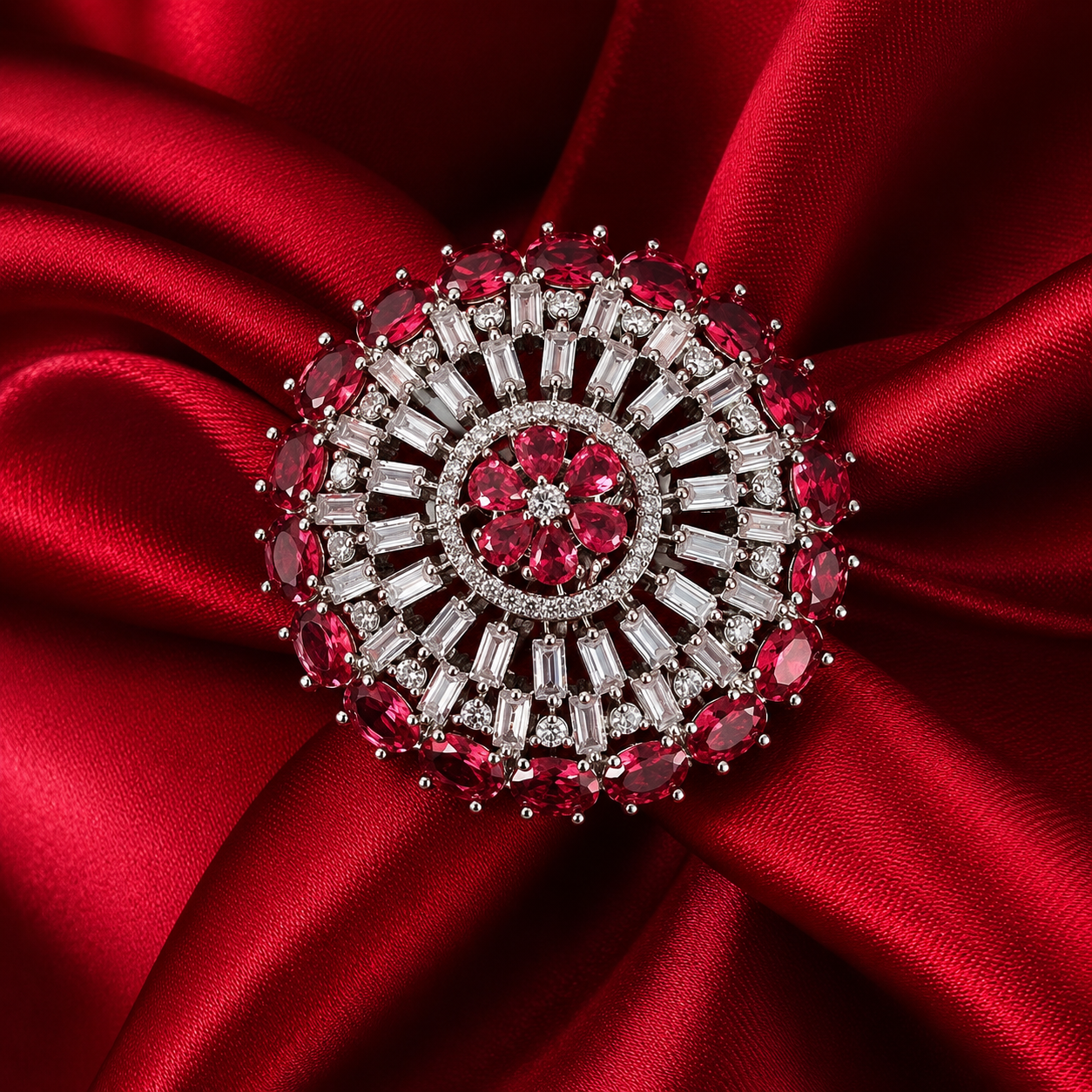 Red American Diamond Floral Cocktail Ring
