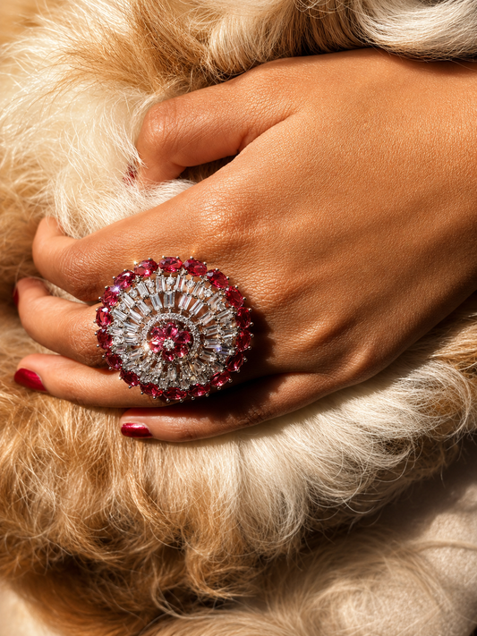 Red American Diamond Floral Cocktail Ring