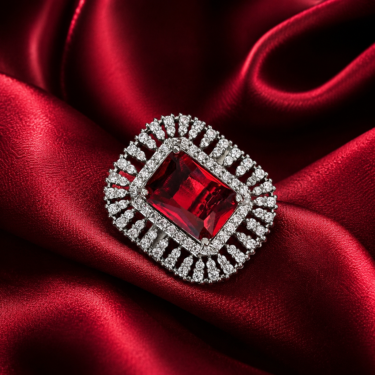 A square brooch featuring a central rectangular red gemstone surrounded by a double halo of small clear stones in a silver-toned setting, displayed on draped red satin fabric.