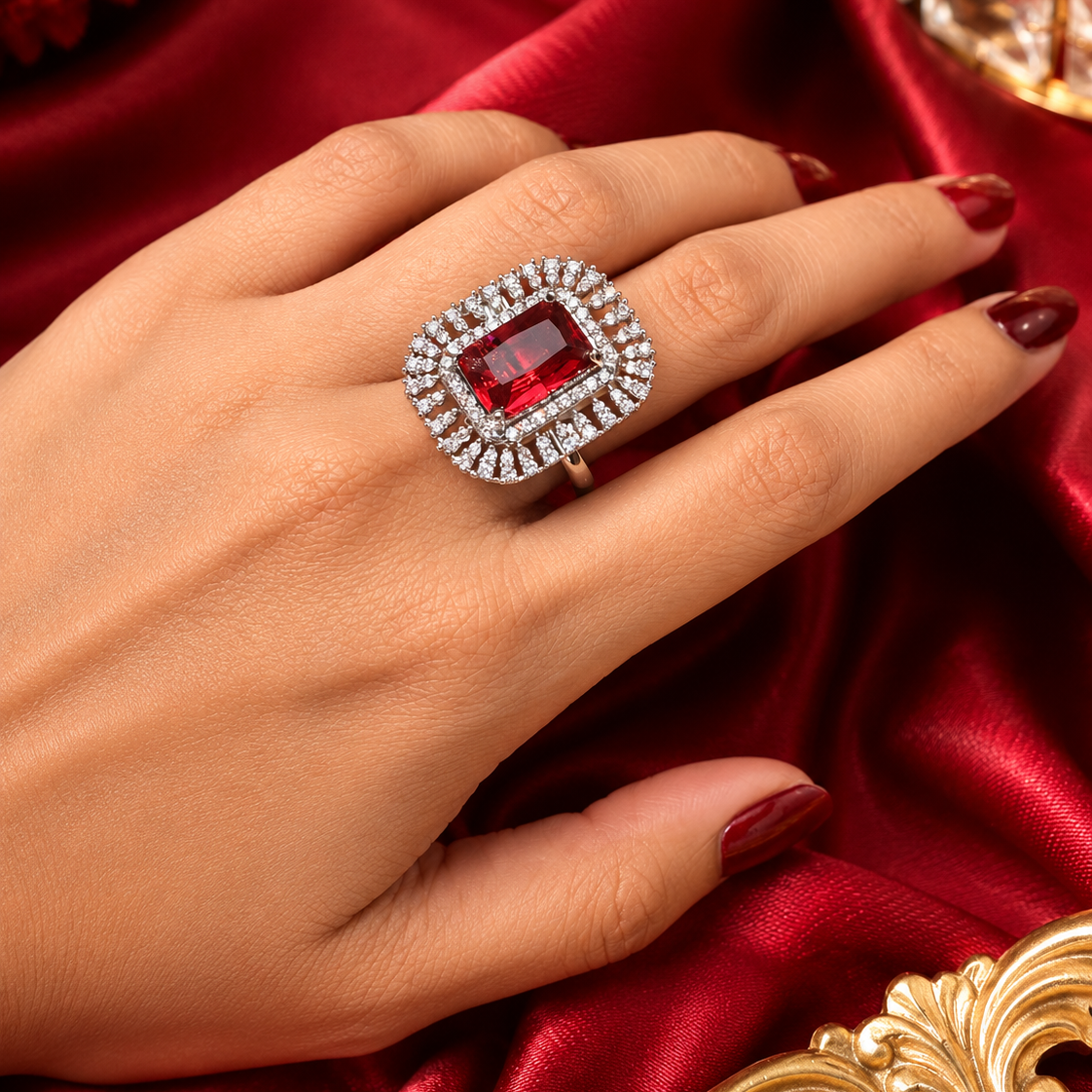 A close-up of a hand wearing a large rectangular red gemstone ring with a halo of small clear stones, set against a rich red satin fabric background.