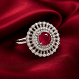 Red Round Stone American Diamond Halo Statement Ring