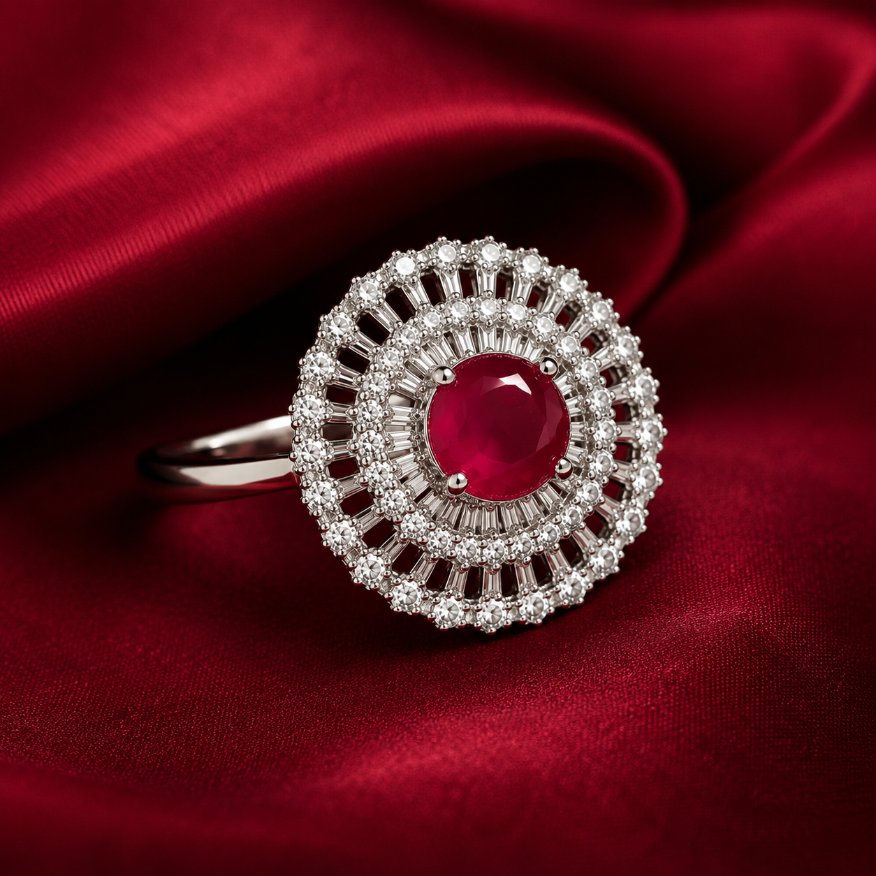 Red Round Stone American Diamond Halo Statement Ring