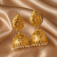 Floral Brass Jhumka Earrings with Pearl Drops
