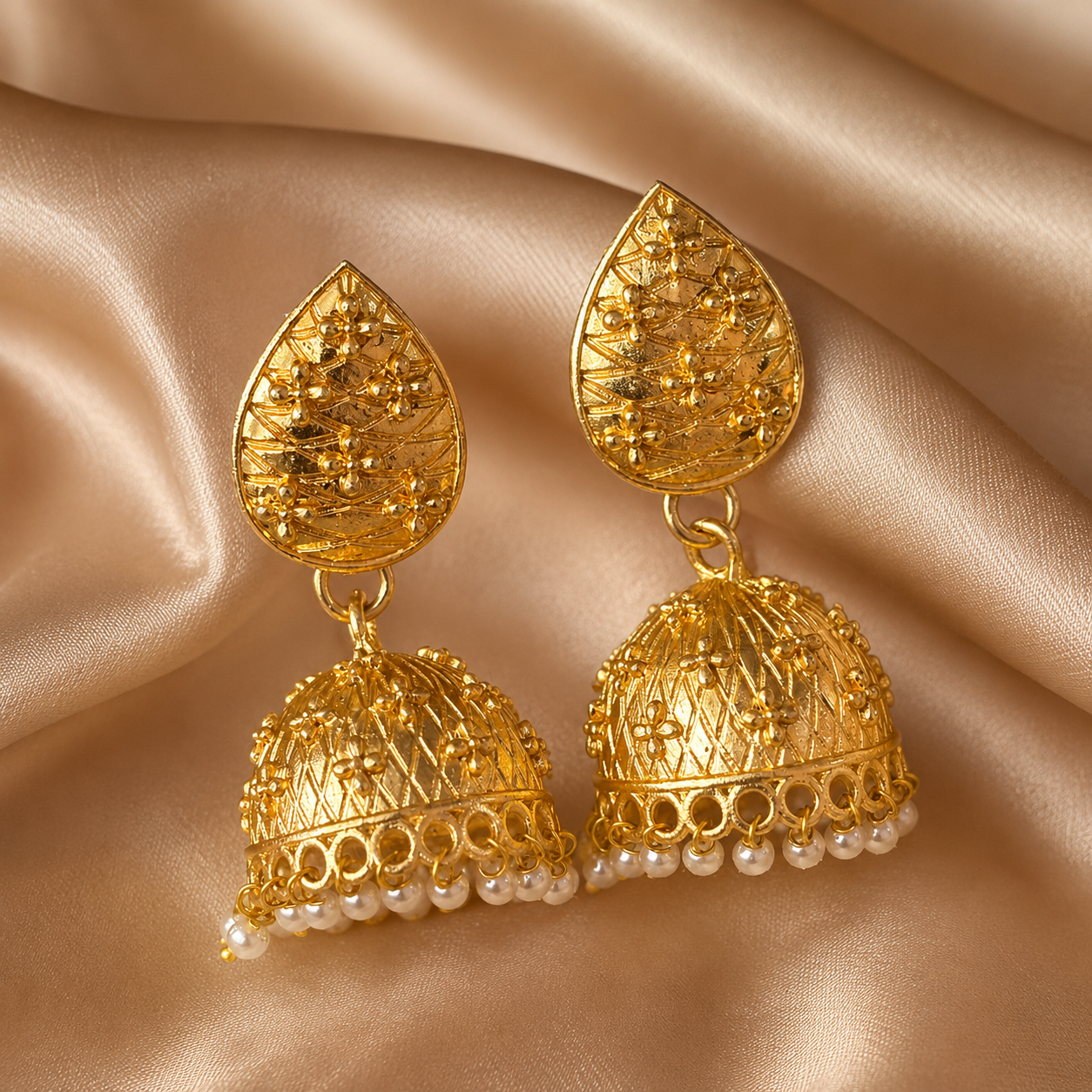 Floral Brass Jhumka Earrings with Pearl Drops