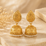 Floral Brass Jhumka Earrings with Pearl Drops
