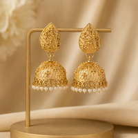 Floral Brass Jhumka Earrings with Pearl Drops