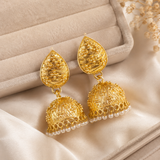 Floral Brass Jhumka Earrings with Pearl Drops
