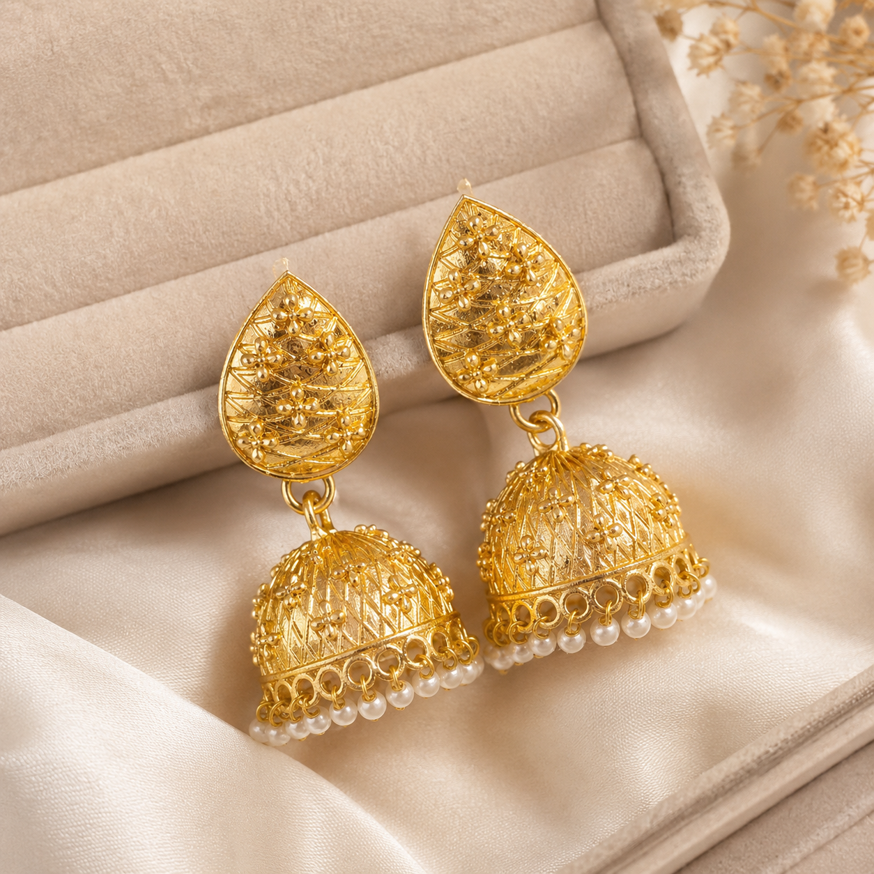 Floral Brass Jhumka Earrings with Pearl Drops