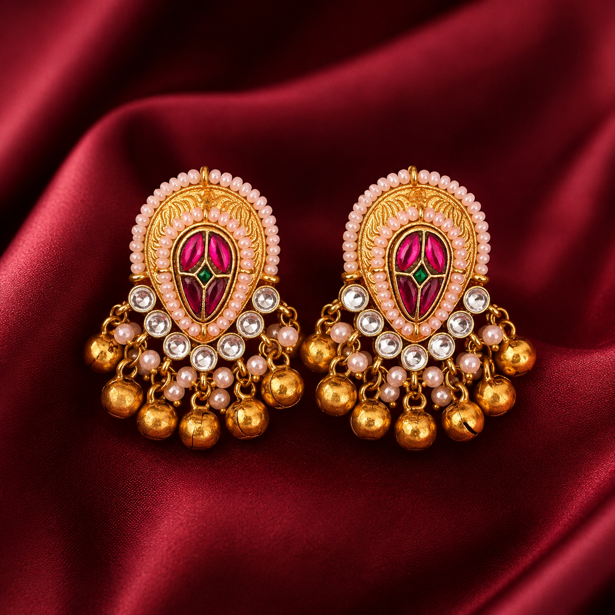 Pink Kundan Brass Ghungroo Stud Earrings