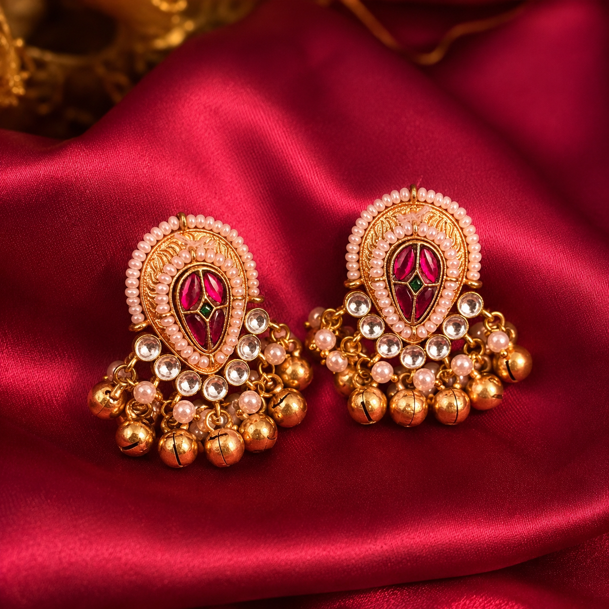 Pink Kundan Brass Ghungroo Stud Earrings
