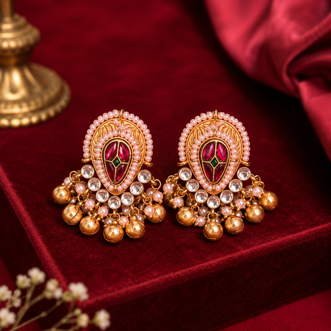 Pink Kundan Brass Ghungroo Stud Earrings