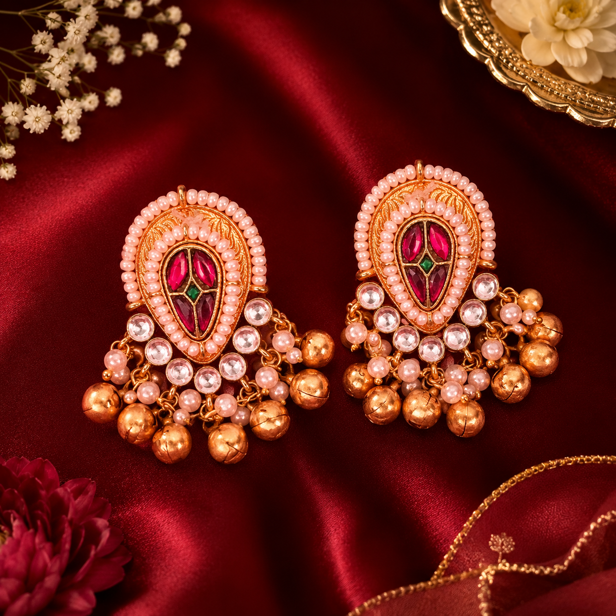 Pink Kundan Brass Ghungroo Stud Earrings