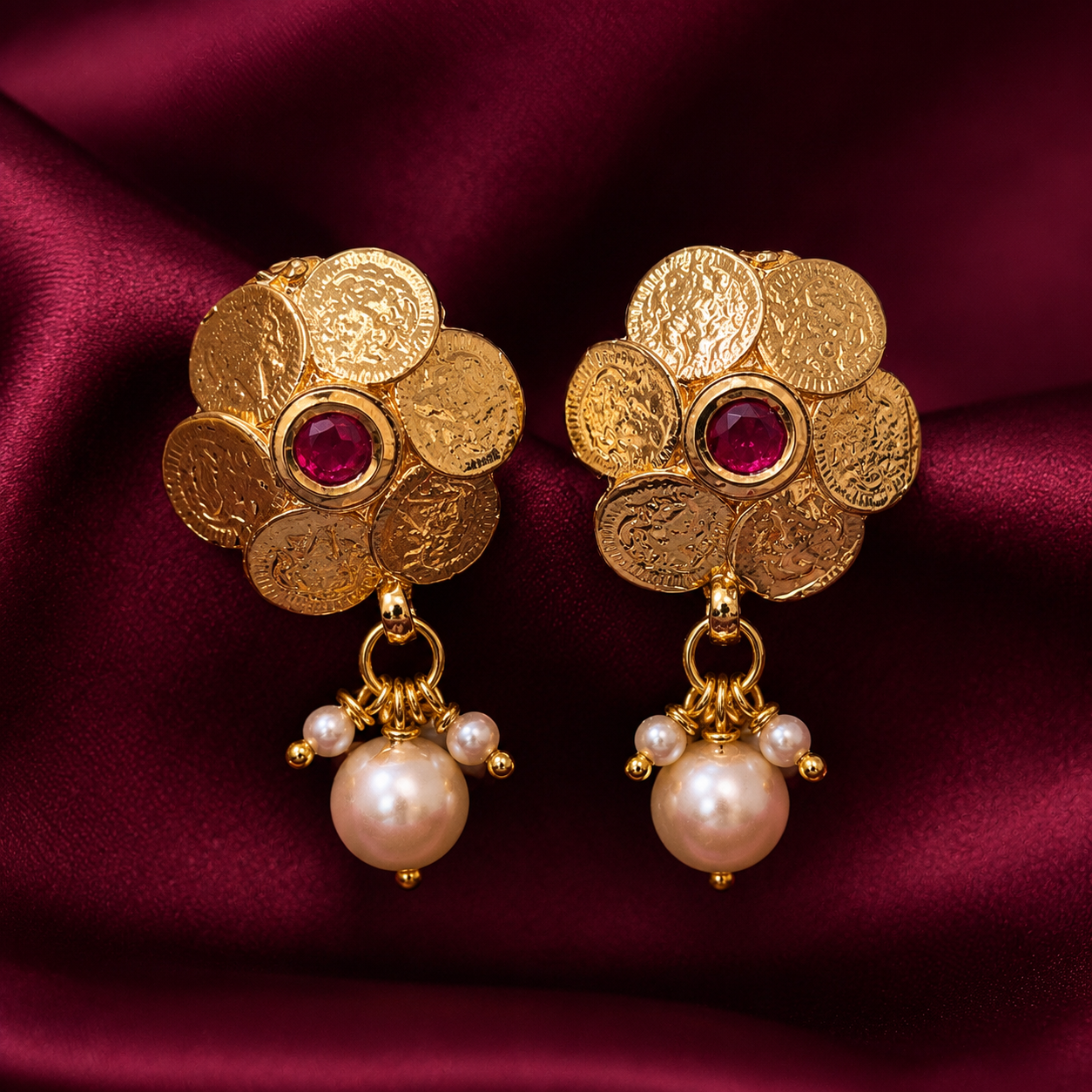 Pink Stone Coin Cluster Brass Earrings with Pearl Drops
