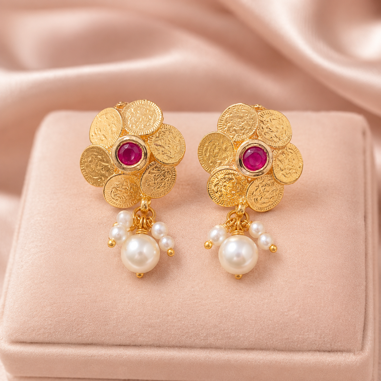 Pink Stone Coin Cluster Brass Earrings with Pearl Drops
