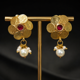 Pink Stone Coin Cluster Brass Earrings with Pearl Drops
