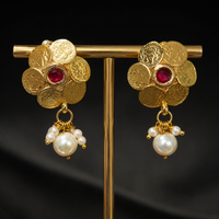 Pink Stone Coin Cluster Brass Earrings with Pearl Drops