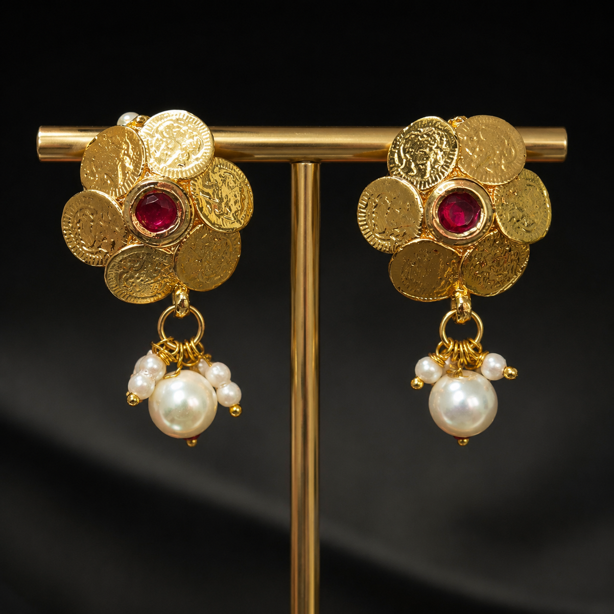 Pink Stone Coin Cluster Brass Earrings with Pearl Drops