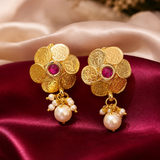 Pink Stone Coin Cluster Brass Earrings with Pearl Drops