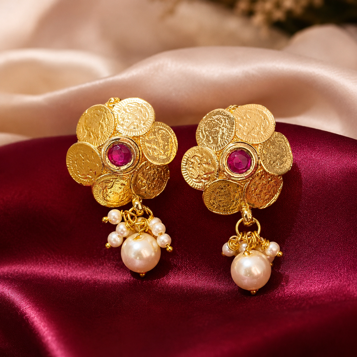 Pink Stone Coin Cluster Brass Earrings with Pearl Drops